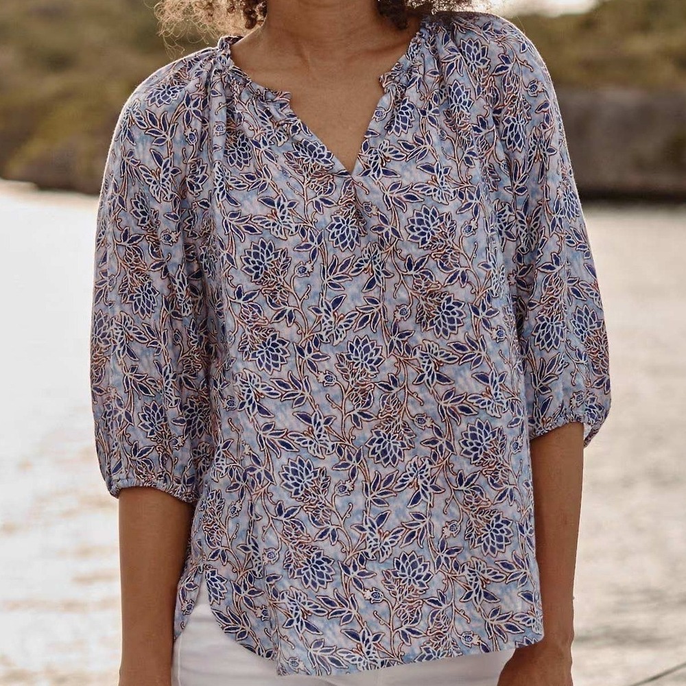 J. Jill‎ Love Linen Women's Peasant Top Floral 3/4 sleeve Blouse Beachy Boho Sm
